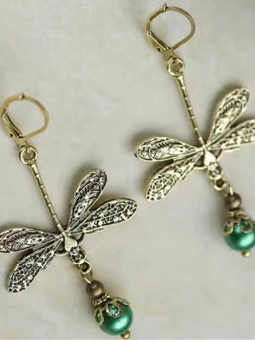 Vintage Gold Dragonfly Drop Earrings with Green Pearl Accent